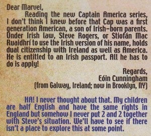 Letter about Captain America's Irish heritage