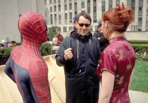 Sam Raimi directing Tobey Maguire and Kirsten Dunst in one of the SPIDER-MAN films.