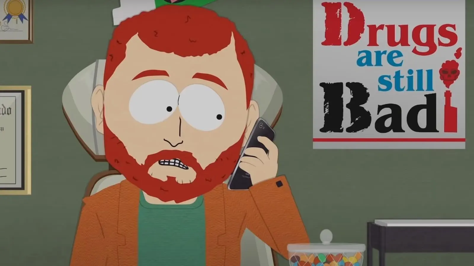 An adult Kyle Broflovski on the phone in South Park: Post COVID