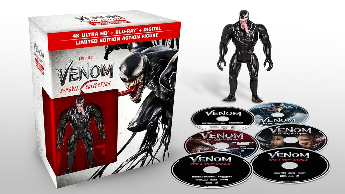 Бокс-сет Blu-ray Venom Movie 4K включает в себя 3 фильма и фигурку