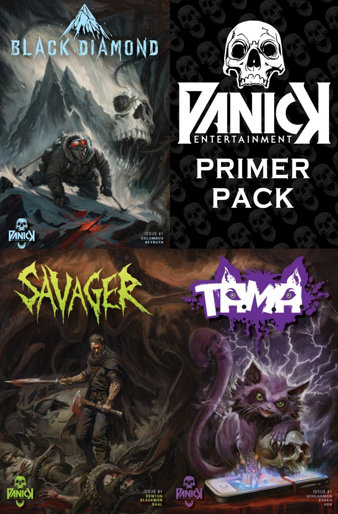 Panick Entertainment Primer pack graphic, featuring the covers of Black Diamond #1, Savager #1, and T.A.M.A. #1.