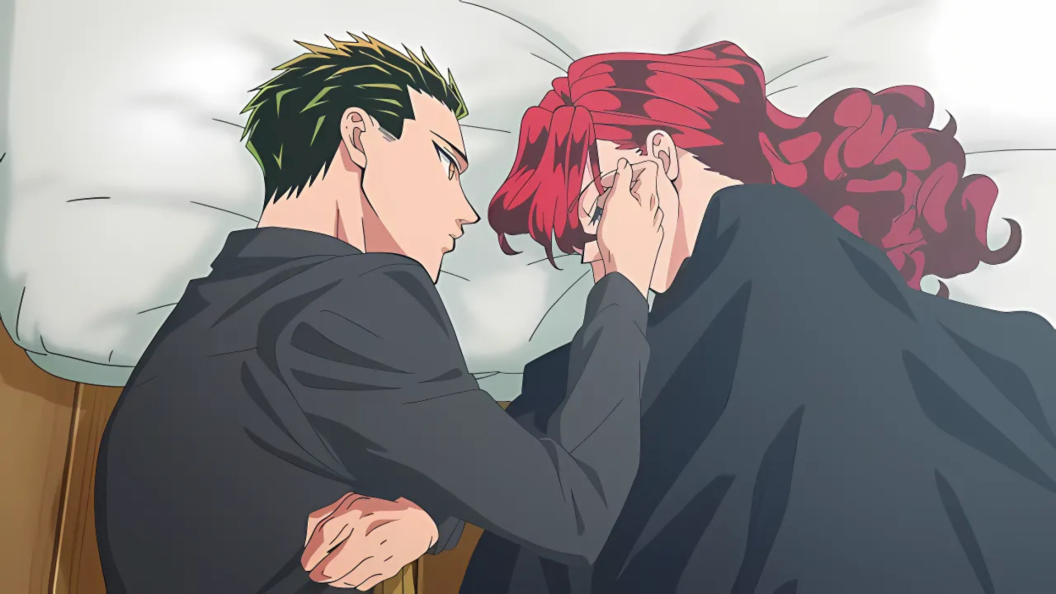 Yakuza Fiance screencap of the lead couple lying together in bed