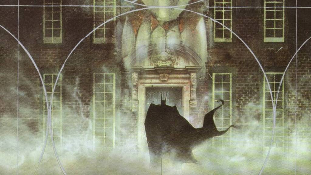 Batman walking into Arkham Asylum's door, which is the Joker's mouth