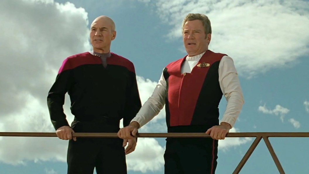 Patrick Stewart as Jean-Luc Picard and William Shatner as James T. Kirk in Star Trek: Generations.