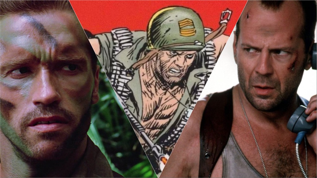 Arnold Schwarzenegger in Predator, Sgt Rock in DC Comics, and Bruce Willis in Die Hard