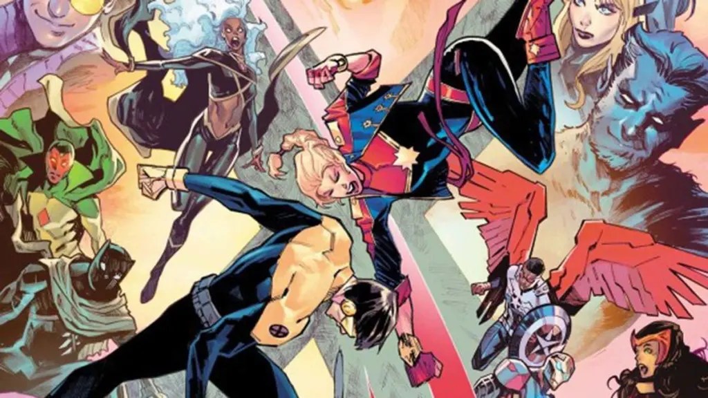 Captain Marvel punching Cyclops in the face while the Avengers and the X-Men face-off