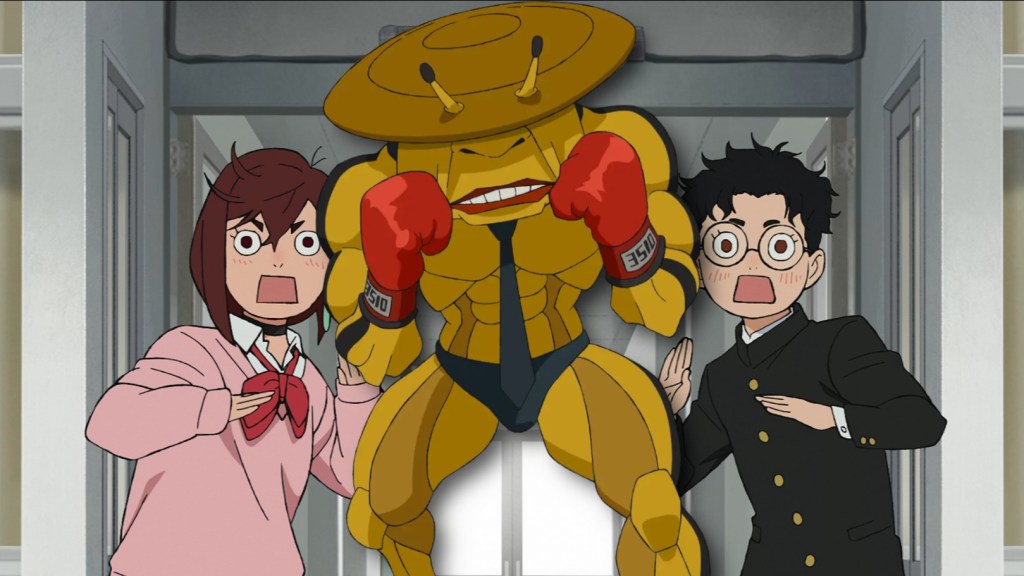 Dandadan's Momo and Okarun with Mr. Mantis Shrimp featured in the controversial episode 9