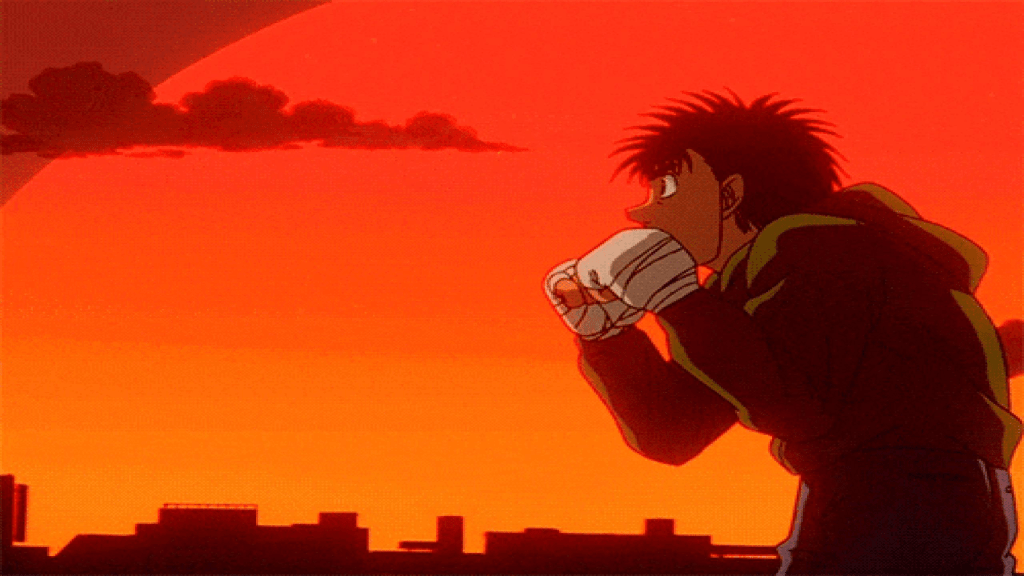 Makonouchi Ippo s'entraîne contre le coucher du soleil dans l'anime de boxe Hajimo No Ippo