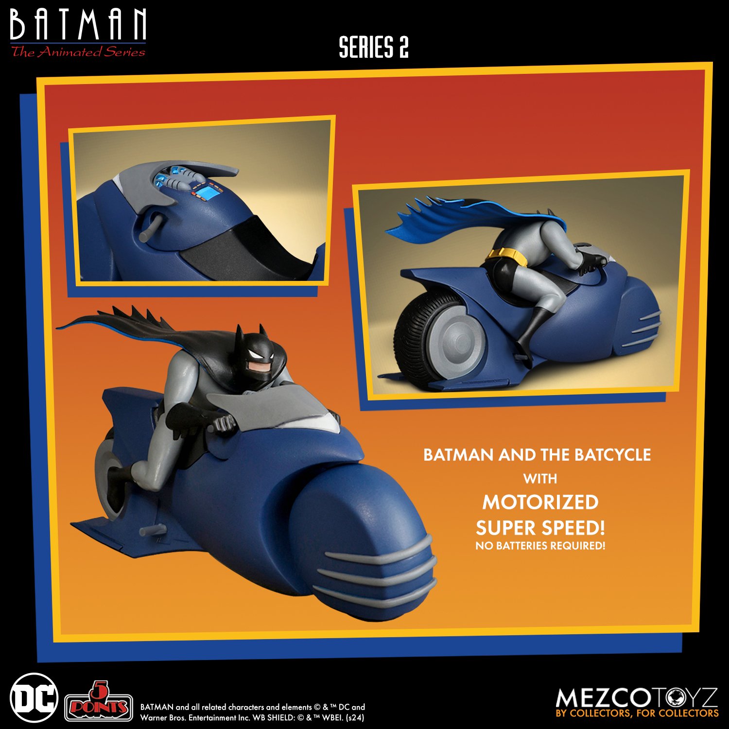 New Batman: The Animated Series Mezco 5 Points Includes Figures and The Batcycle