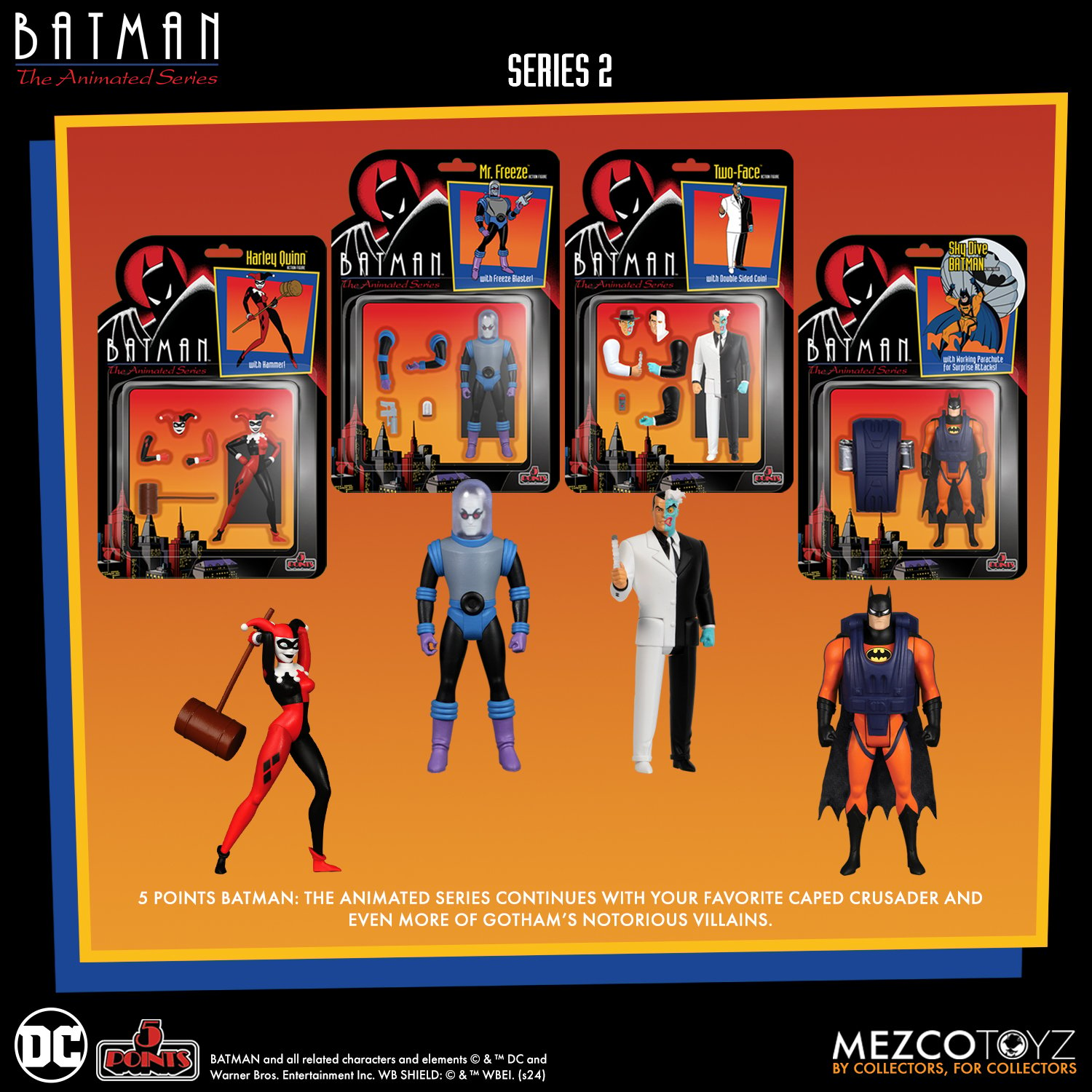 New Batman: The Animated Series Mezco 5 Points Includes Figures and The Batcycle