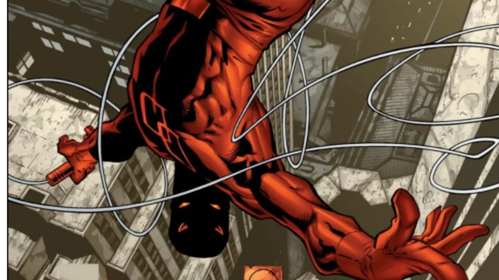 Daredevil from the Guardian Devil story, with the hero swinging over the city