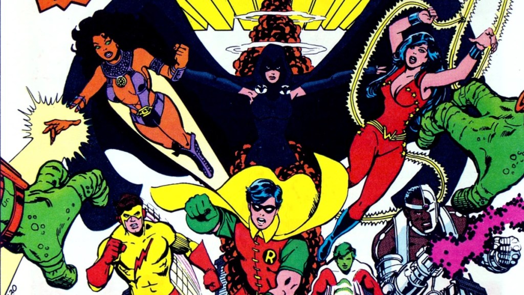 Robin leads Kid Flash, Beast Boy, Cyborg, Starfire, Raven, and Wonder Girl into battle as the New Teen Titans