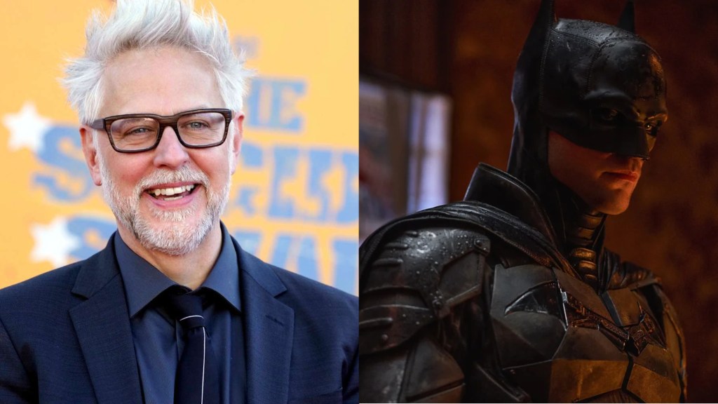 A split image of James Gunn and Batman, played by Robert Pattinson