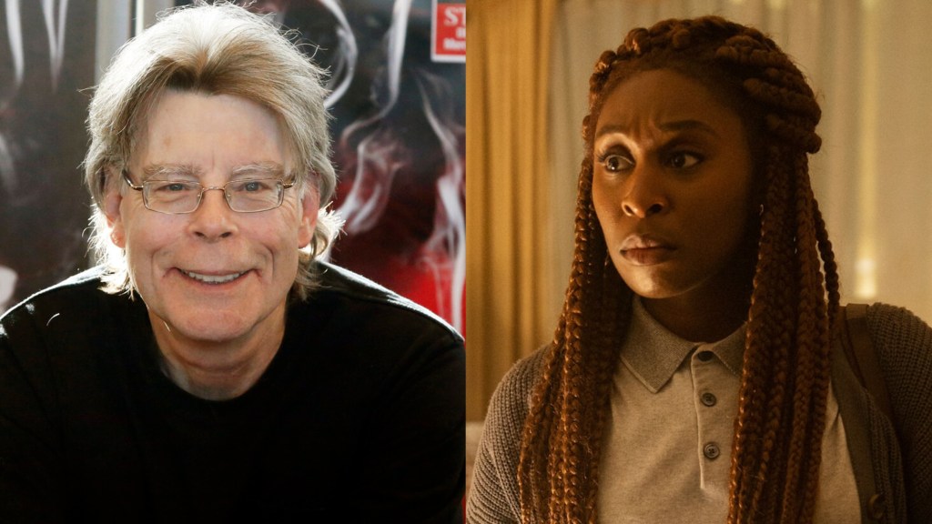 A split image of Stephen King and Cynthia Ervo playing Holly Gibney