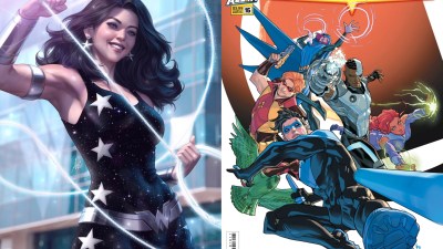 A split image of Donna Troy and Titans #16, featuring Nightwing, Starfire, Cyborg, Raven, Beast Boy, and Arsenal