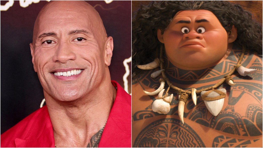 A split image of Dwayne Johnson and Maui from the film Moana