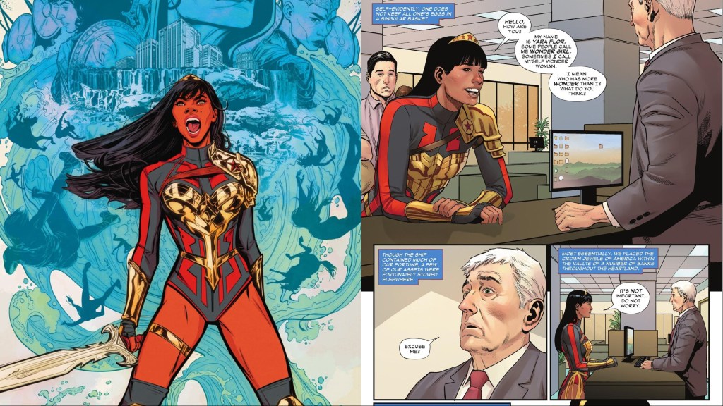 A split image of Yara Flor and her preparing to rob a bacnk in Wonder Woman #15