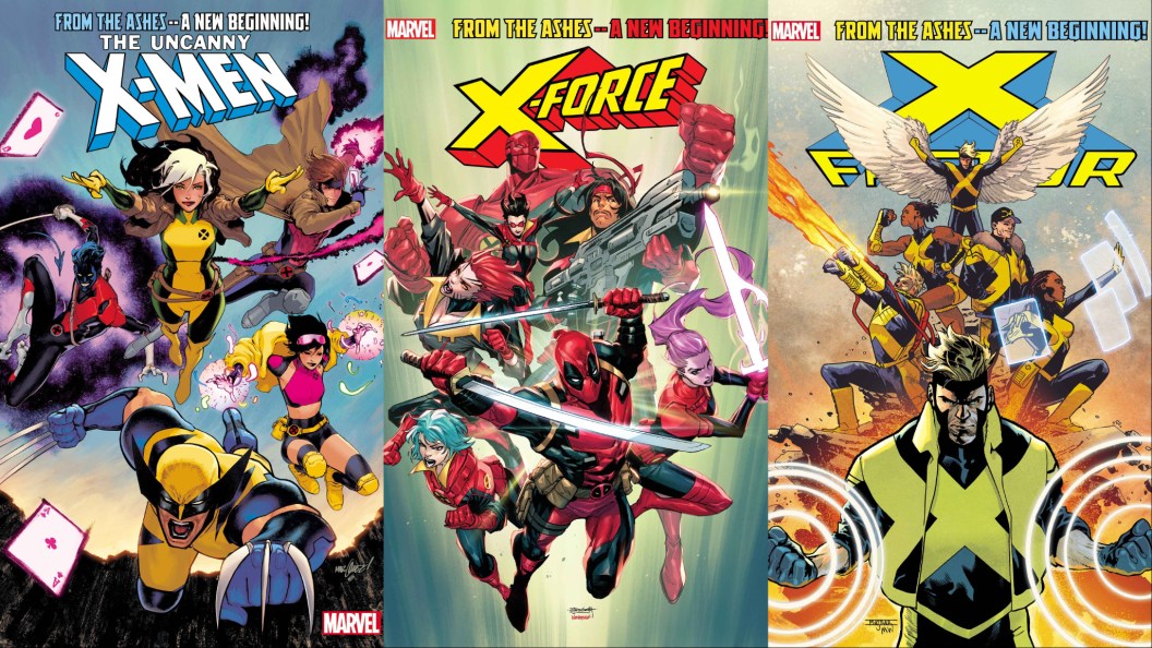 A split image of the From The Ashes versions of the Uncanny X-Men, X-Force, and X-Factor