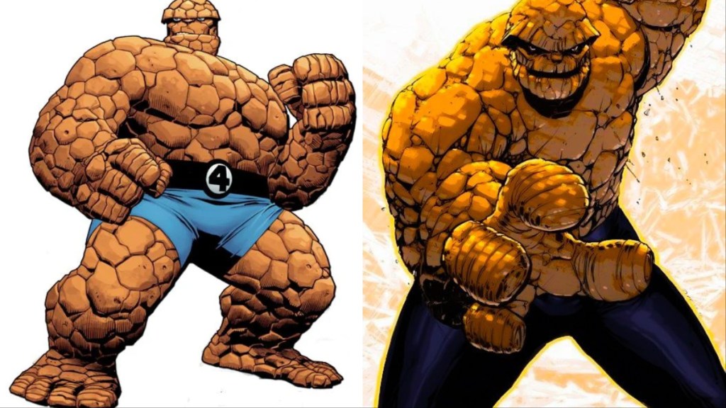 A split image of the Thing in shorts and the Thing in  pants