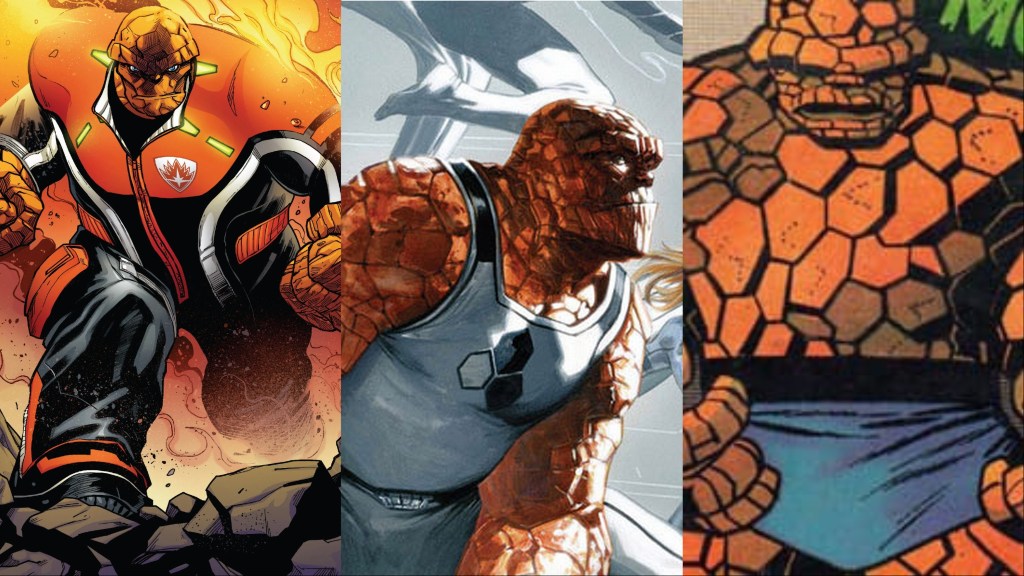 A split image of the Thing in his Guardians of the Galaxy costume, his Future Foundation costume, and his classic trunks costume