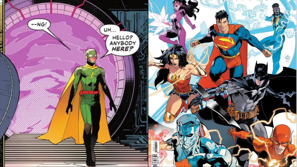 A split image of Air Wave and the cover to Justice League Unlimited