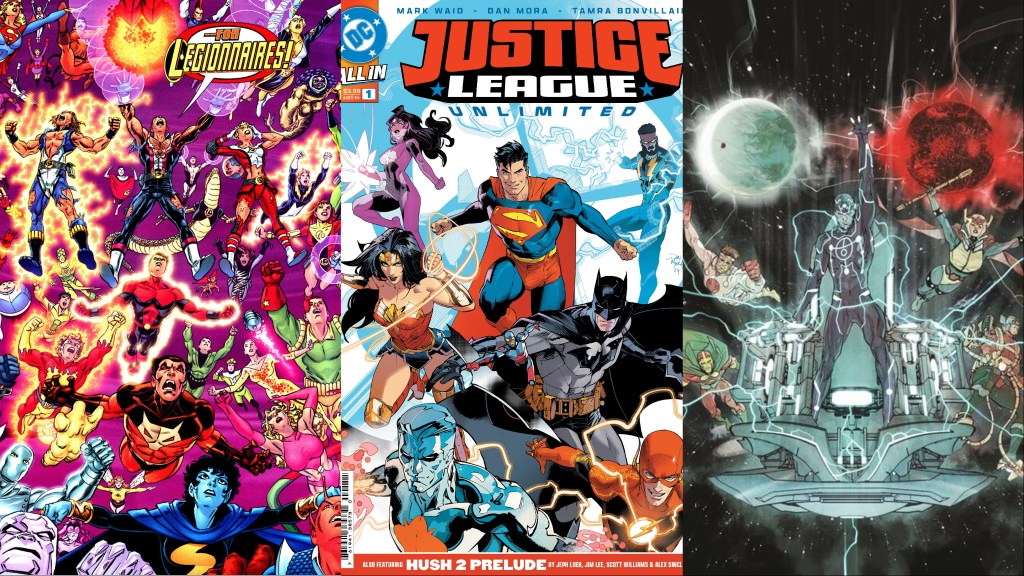 A split image of the Legion of Superheroes, the cover to Justice League Unlimited #1, and the New Gods