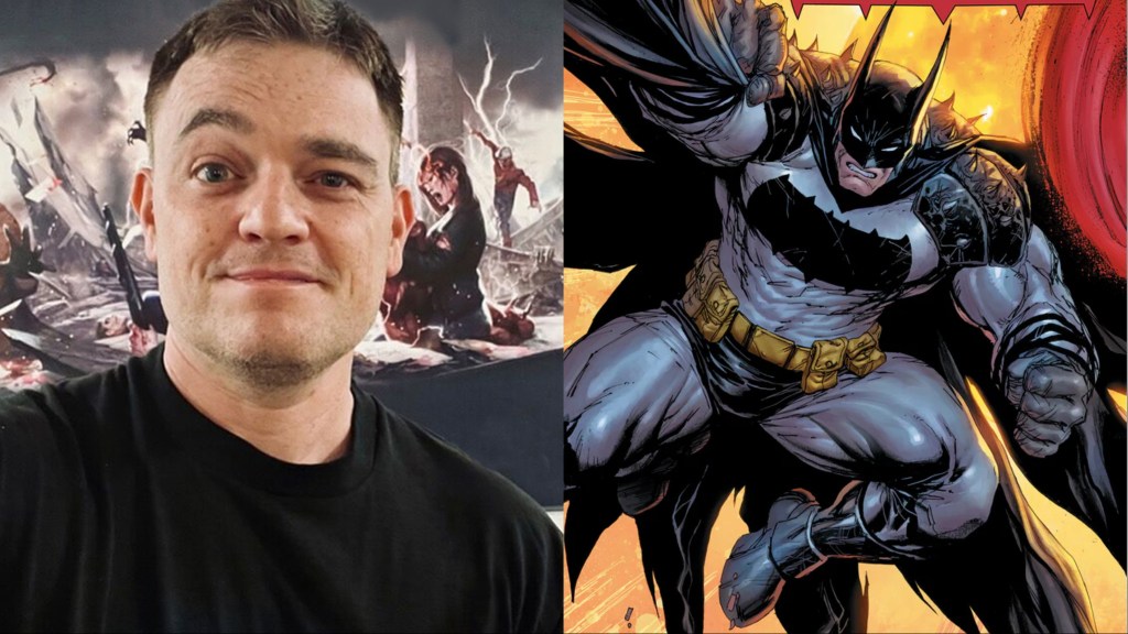 A split image of Scott Snyder and Absolute Batman