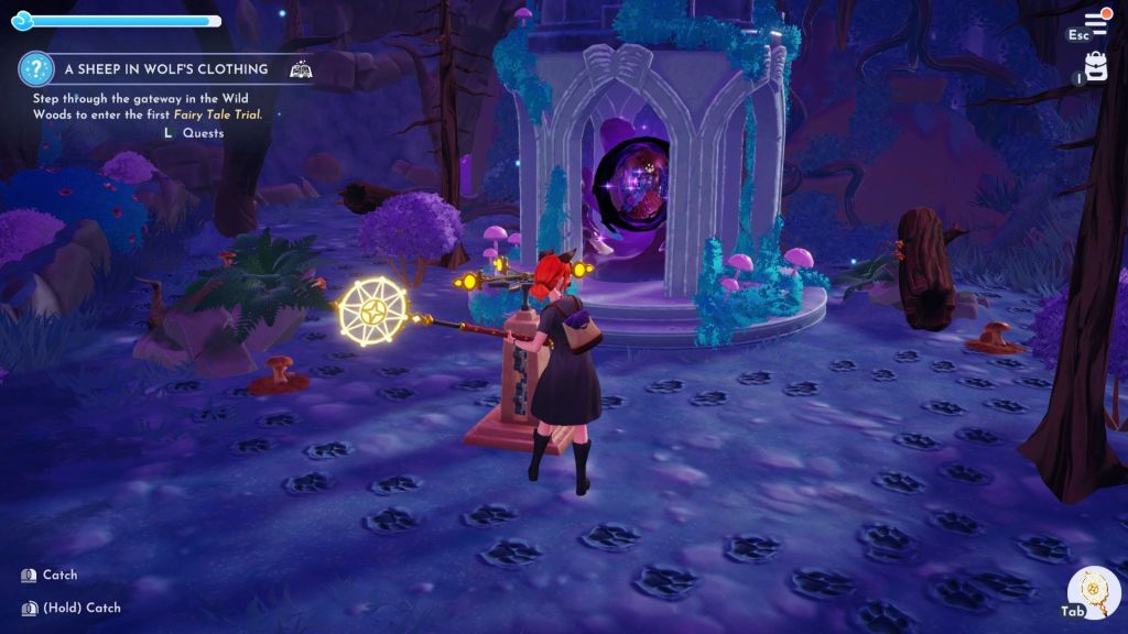 A player character in Disney Dreamlight Valley Opening the Portal to A Sheep in Wolf's Clothing Trial