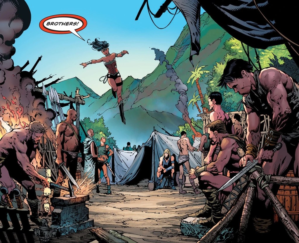 Wonder Woman visits the Sons of Themyscira in the New 52 DC Comics.