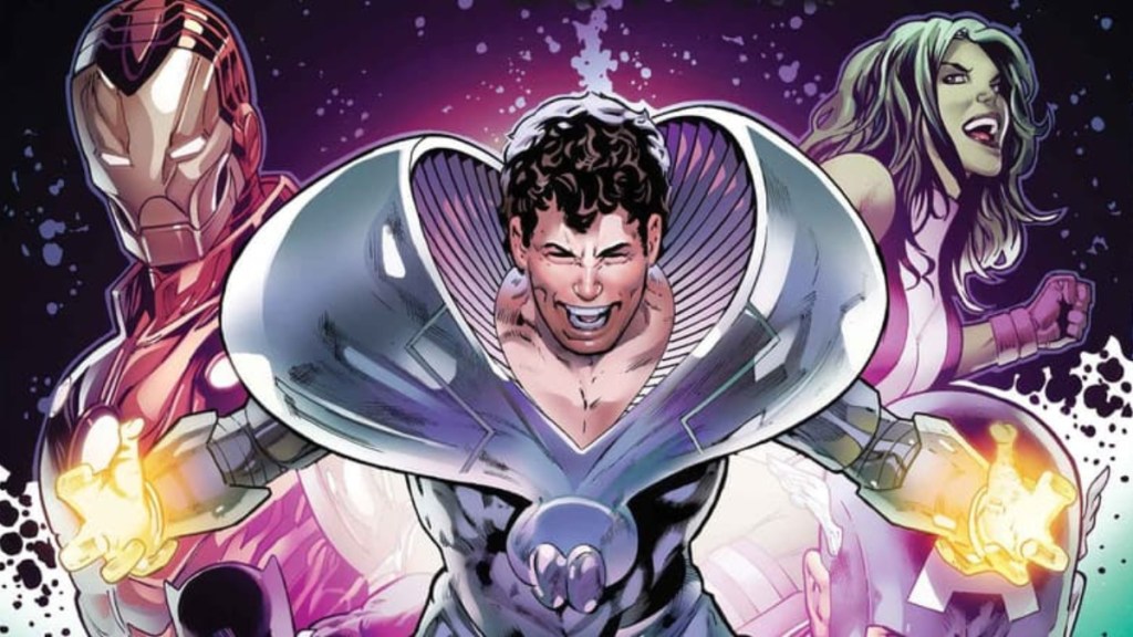 The Beyonder in his silver armor in front of Iron Man and She-Hulk