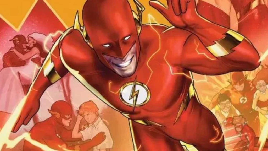 Wally West as the Flash running in front of images from his life