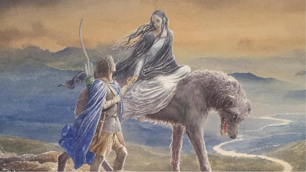 Beren holding hands with Luthien as she rides Huan