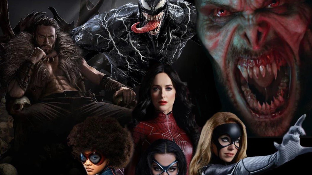 Venom, Kraven, Madame Web, Morbius, and the three Spider-Women from the Madame Web film.