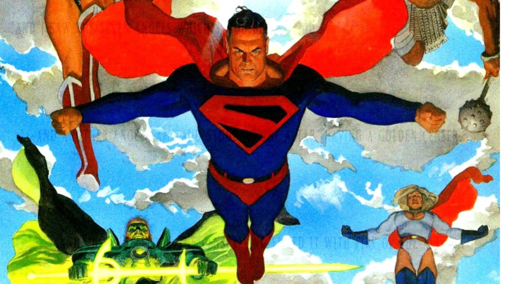 Kingdom Come Superman flying down with Green Lantern and Power Girl