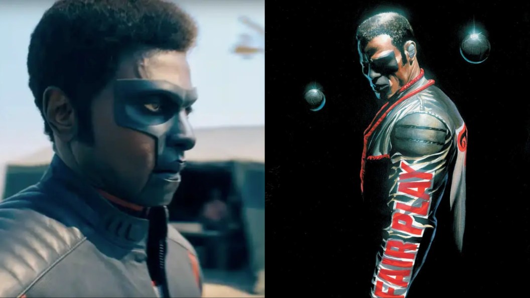 A split image of Mister Terrific from the Superman trailer and the comics