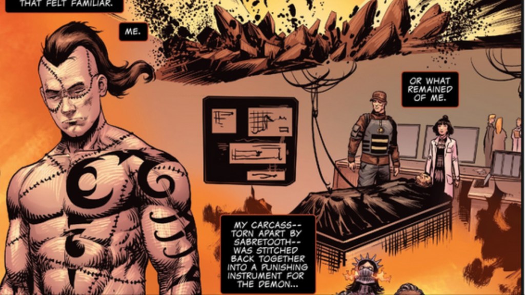 A stitched together Daken and his body under a cover with a nurse and doctor