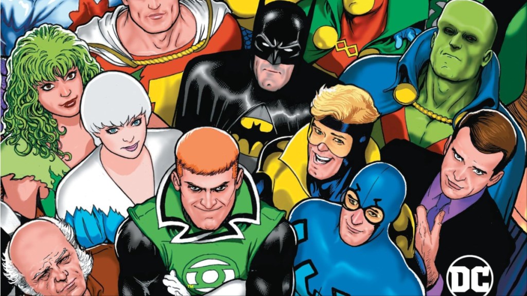 Oberon, Fuego, Hielo, Guy Gardner, Batman, Blue Beetle, Booster Gold, Martian Manhunter y Maxwell Lord juntos