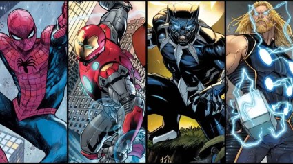A split image of Ultimate Spider-Man, Iron Man, Black Panther, and Thor