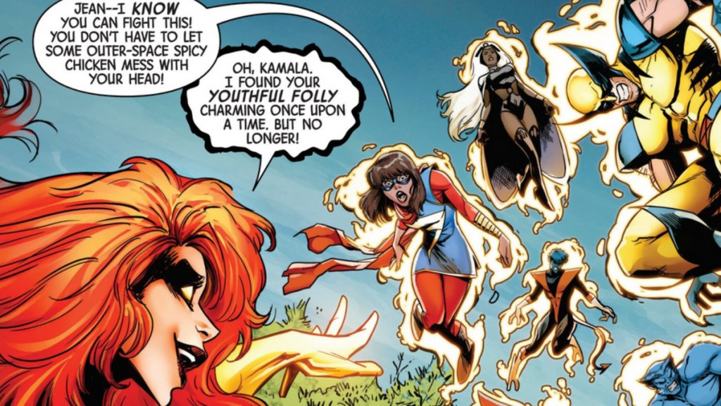 Ms. Marvel fighting Dark Phoenix alongside Storm, Nightcrawler, Wolverine, and Beast