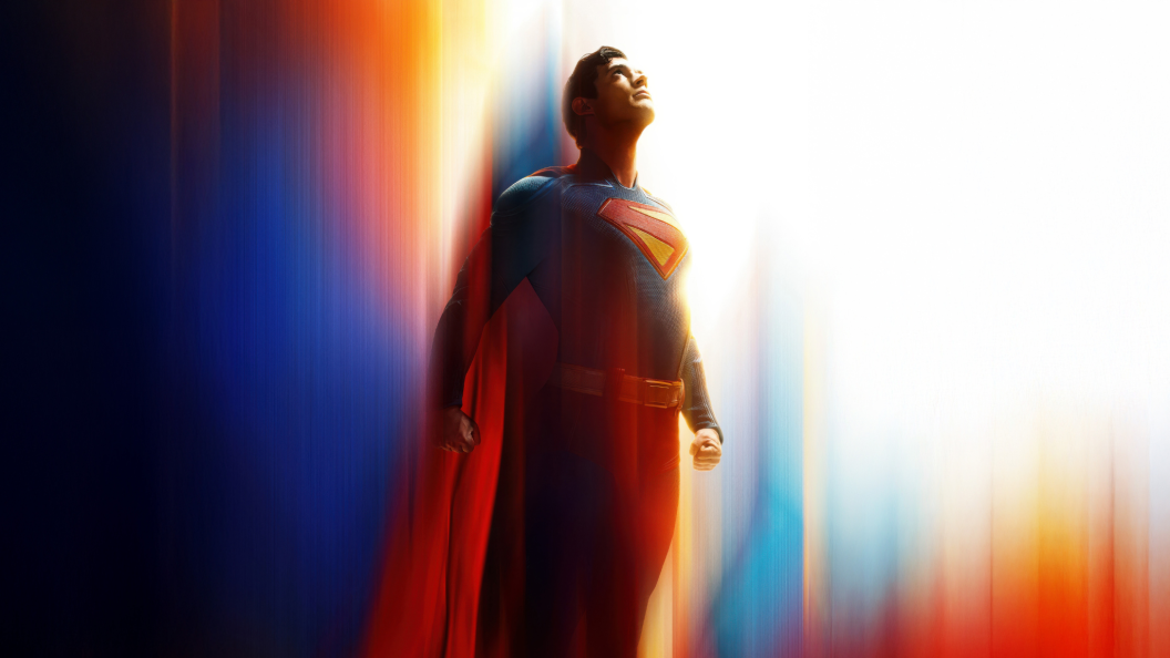 Superman flying across a colorful background.