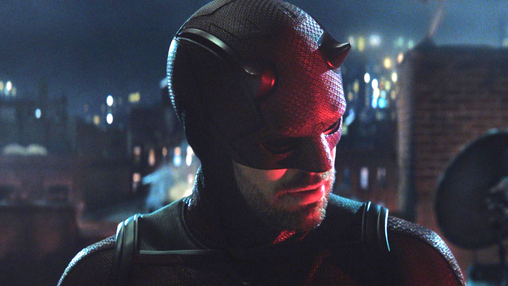 Charlie Cox in Daredevil mask and suit.