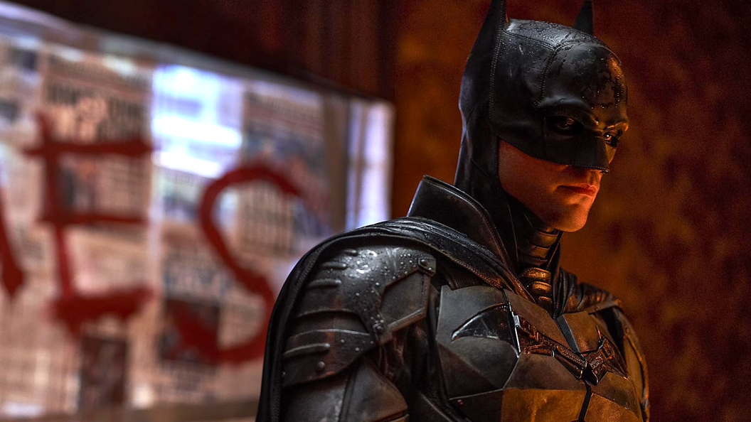 Robert Pattinson as Batman wearing black batsuit in 2022's The Batman.