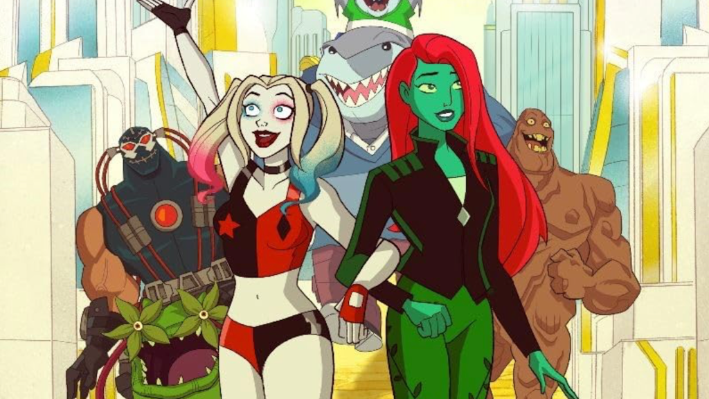 Harley Quinn and Poison Ivy holding hands with Bane, Clayface, and King Shark in the background