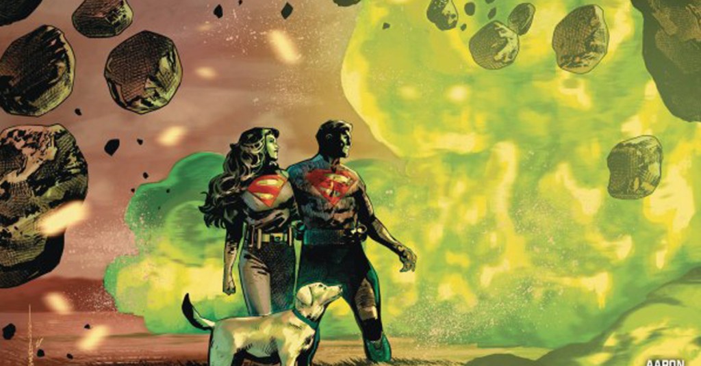 Absolute Superman #3 cover, Jor-El and Lara-El and Krypto look out on crumbling Krypton