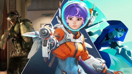 A split image of art from Rainbow Six Siege, Overwatch 2, and Gigantic.