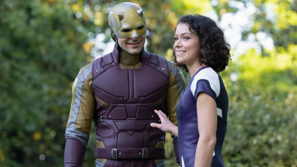 Charlie Cox as Daredevil and Tatiana Maslany as Jennifer Walters in Marvel's She-Hulk Attorney at Law