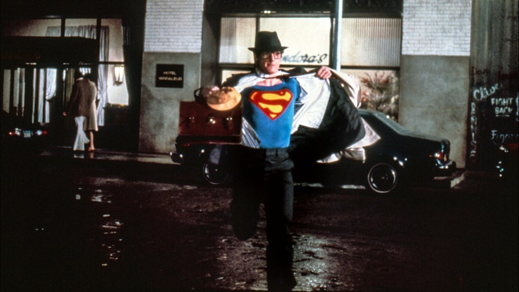 Christopher Reeve plays Clark Kent turning into Superman. 