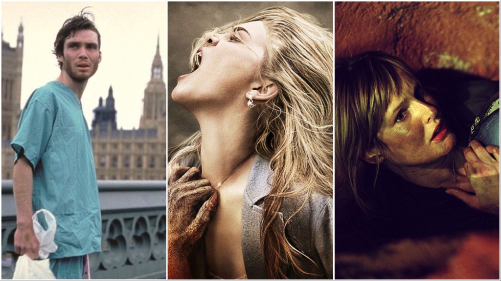 Collage of 28 Days Later, Drag Me to Hell, and The Descent, best horror movies of the 2000s