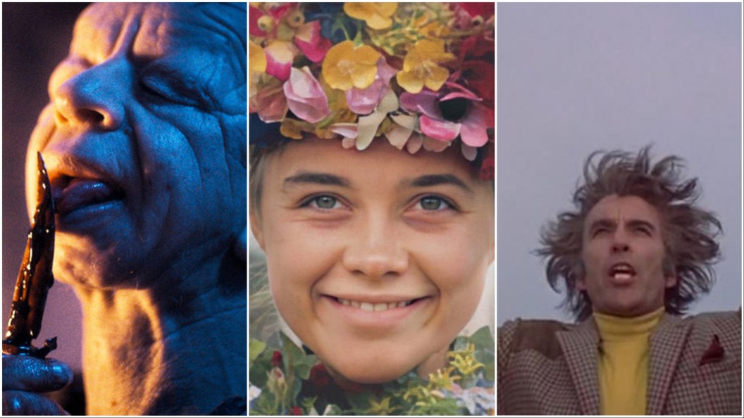 Collage of Baskin, Midsommar, and The Wicker Man, horror movies about cults