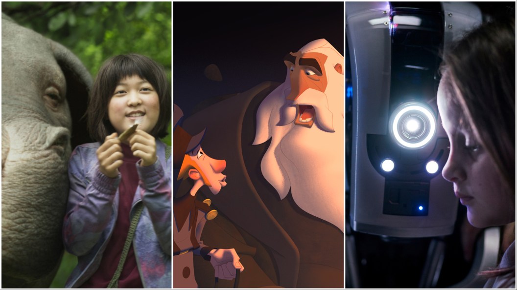 Collage of Netflix original movies without sequels Okja, Klaus, and I Am Mother